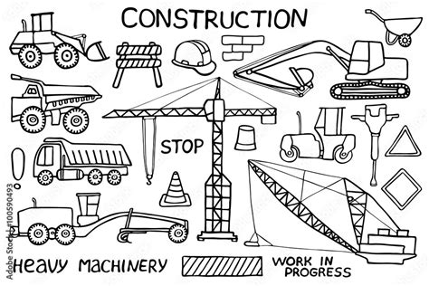 Construction and heavy machinery sketch. Hand-drawn cartoon industry ...