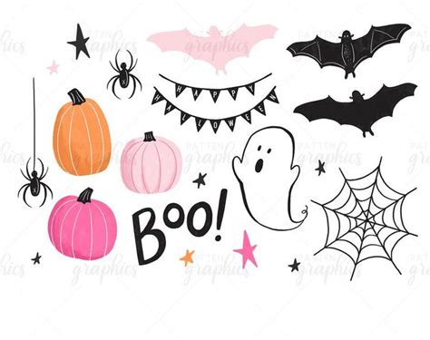 Cute Halloween Clipart, Pink Halloween Clipart, Pink Pumpkin Clip Art, Happy Hand-drawn Ghost ...