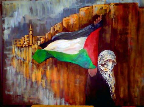 an oil painting of a woman holding a flag in front of a cityscape