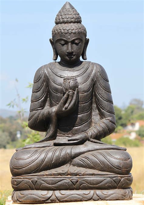 SOLD Stone Buddha Statue Holding a Lotus Flower 38" (#96ls339): Hindu Gods & Buddha Statues