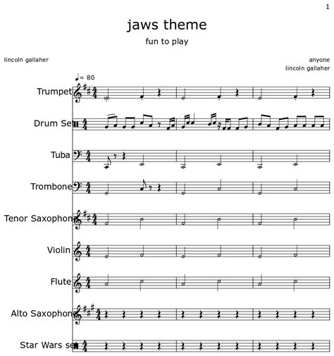 jaws theme - Sheet music for Trumpet, Drum Set, Tuba, Trombone, Tenor ...