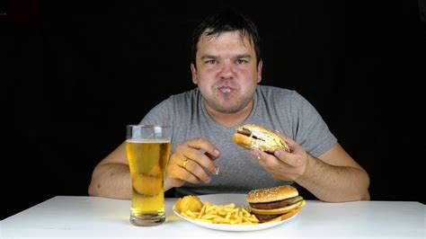 Portrait Of Greedy Fat Man Eating Burger On Stock Footage SBV-316206602 ...