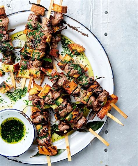 Italian BBQ Bread and Lamb Skewers with Herb Oil