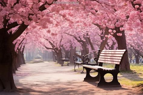 Premium Photo | Blossoming Cherry Trees Surrounding Park Benches ...