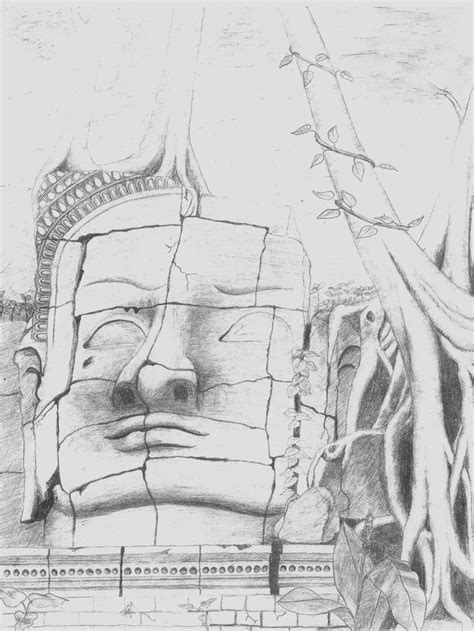 #pencilDrawing of a #statue at Angkor Wat (2012) | การออกแบบพื้นหลัง, ภาพวาด, เคล็ดลับการวาดภาพ