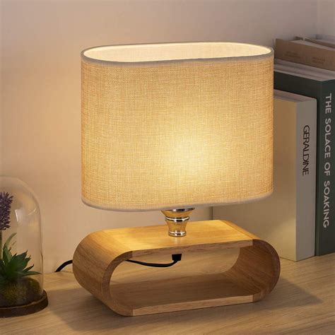 Bedside Wooden Nightstand Table Lamp with Oval Base and Fabric Shade ...