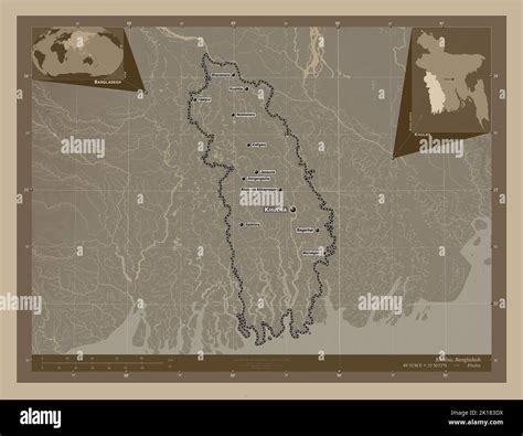 Khulna, division of Bangladesh. Elevation map colored in sepia tones ...