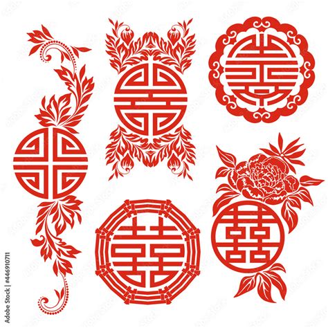 Feng Shui symbols - patterns in a circle. Red template - chinese style. Ethnic ornament and ...