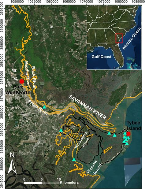 Map of the Savannah River delta and Wassaw Sound, Georgia (UTM zone... | Download Scientific Diagram