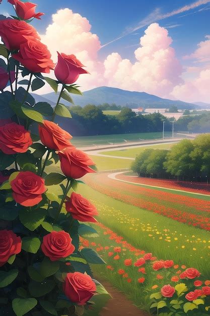 Premium AI Image | A painting of a field with red roses on it