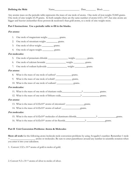 10++ Moles Molecules And Grams Worksheet – Worksheets Decoomo