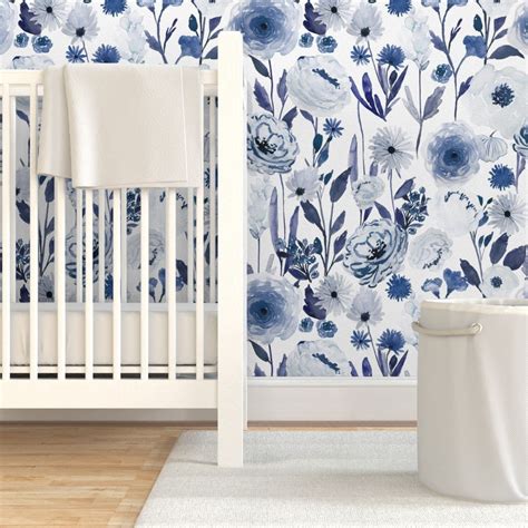 Blue Floral Wallpaper Indigo Garden B By Indybloomdesign | Etsy