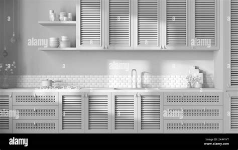 Total white project draft, vintage wooden kitchen. Cabinets with shutters and rattan drawers ...