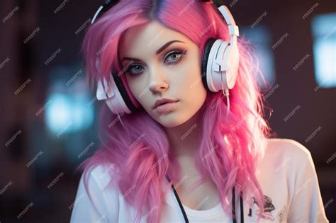 Premium Photo | Beautiful girl pink hair gaming headphones