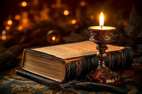 Premium AI Image | A candle is lit on a book by a christmas tree.