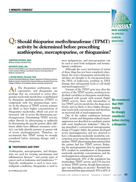 Should thiopurine methyltransferase (TPMT) activity be determined before prescribing ...