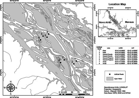 Map showing location of lakes and artificial reefs in the Anavilhanas... | Download Scientific ...