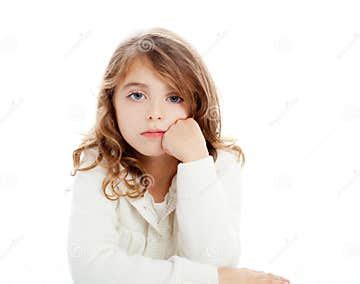 Brunette Kid Girl Portrait on White Desk Table Stock Photo - Image of ...