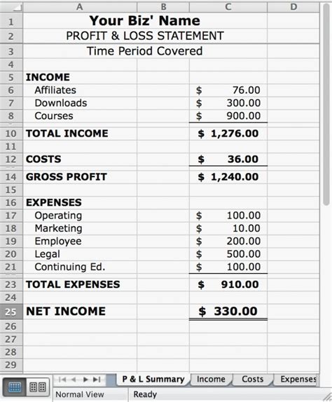 Simple P L Statement Excel And Sheets Occasions Example Business in Business Profit And Loss ...