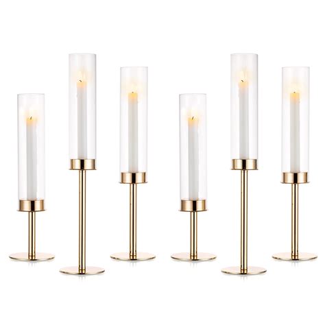 Nuptio Gold Taper Candle Holders, Brass Stand with Glass for Table Centerpiece, Set of 6 ...