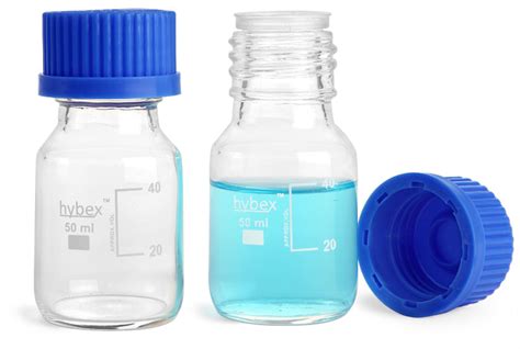 SKS Science Products - Glass Laboratory Bottles, 50 ml Clear Glass Media Bottles w/ Blue Caps