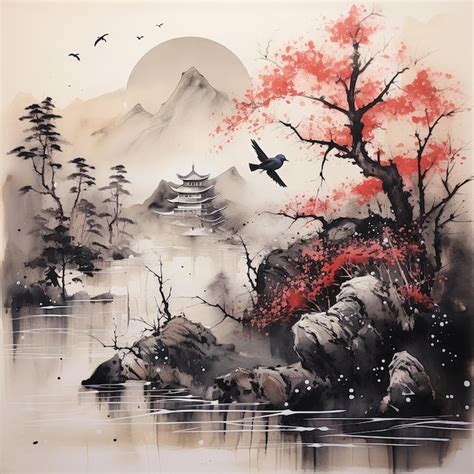 Premium AI Image | Ink Wash Painting of a Japanese Landscape