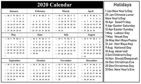 Printable 2020 Calendar with Holidays | Holiday calendar, Holiday calendar printable, Calendar ...