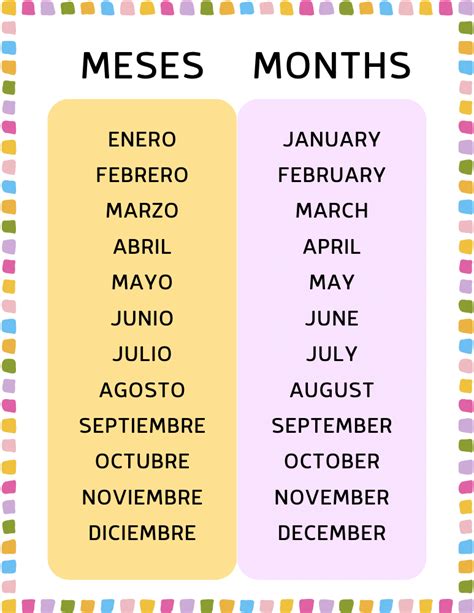 Imagenes de los Meses del Año en Ingles y Español para Niños