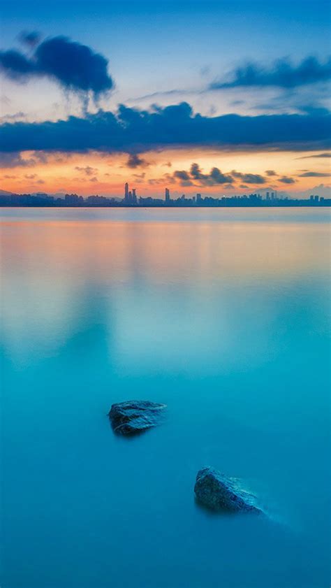 City Calm River Nature Blue Sunset iPhone Wallpapers Free Download