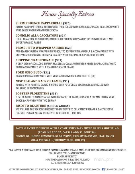 Menu of Lemoncello Italian Restaurant & Bar in East Rochester, NY 14445