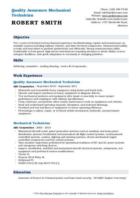 Mechanical Technician Resume Samples | QwikResume