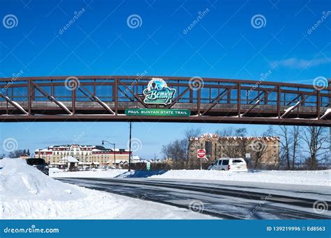 BEMIDJI, MN - 8 FEB 2019: Welcome Sign on Bike Trail Bridge in Winter Editorial Photo - Image of ...