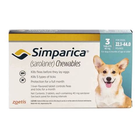 Zoetis Simparica Chewable flea tick tablets for dogs, 3 tabs 40mg/80mg ...