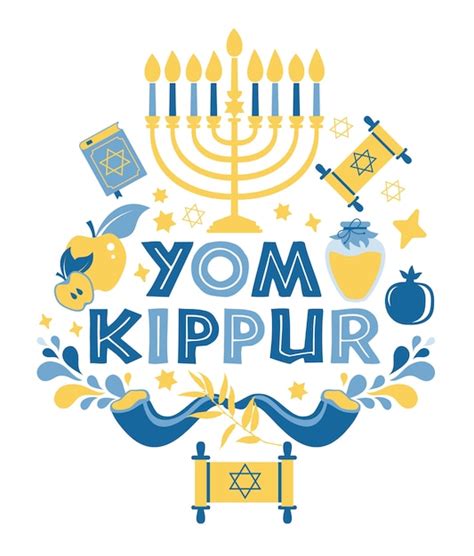 Premium Vector | Yom kippur greeting card with candles, apples and shofar and symbols. jewish ...