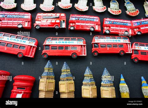 London, England tourist holiday souvenirs fridge magnet badges. Red bus ...