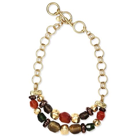 Jones New York Worn Gold Tone Multi Bead Tworow Frontal Necklace in Gold | Lyst