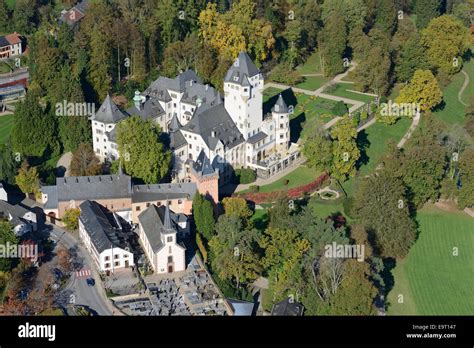 AERIAL VIEW. Berg Castle in the fall. Colmar-Berg, Luxembourg District, Luxembourg Stock Photo ...