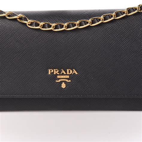 PRADA Saffiano Metal Oro Chain Wallet Black 466353