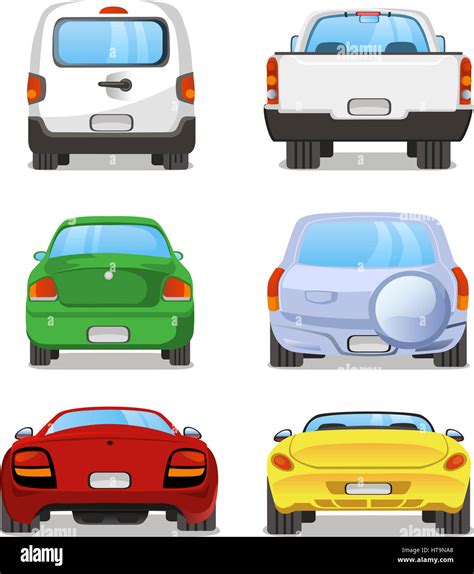 Vector cartoon Car rear set 2. With back view of six different types of car. Pick up truck ...