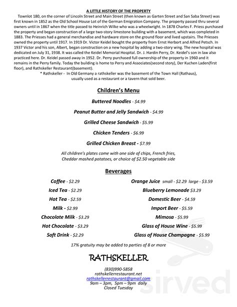 Rathskeller menu in Fredericksburg, Texas, USA