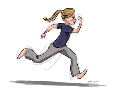 a drawing of a woman running with her hair blowing in the wind and eyes closed