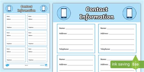 Contact Book Template Activity Sheet (teacher made) - Twinkl