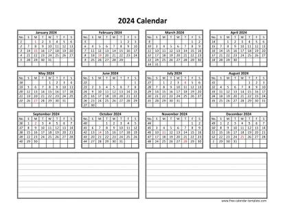 Yearly 2024 calendar printable with space for notes | Free-calendar-template.com