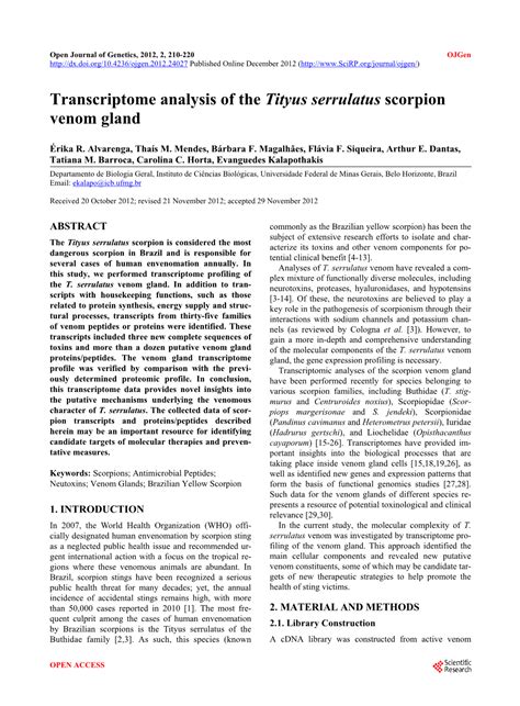 Transcriptome Analysis of the Tityus Serrulatus Scorpion Venom Gland - DocsLib