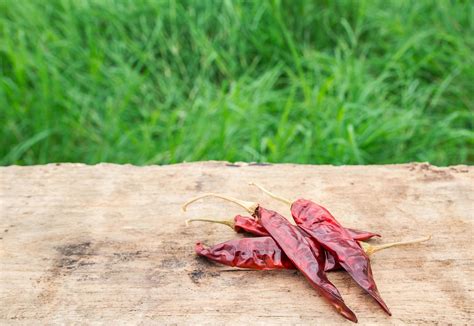 Dried chili peppers on wooden with green grass background 6417586 Stock ...