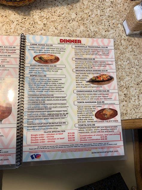 Menu at Azteca Mexican Grill restaurant, Oklahoma City