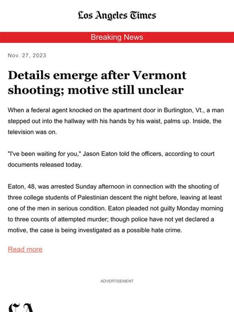 Los Angeles Times: Breaking News: Details emerge after Vermont shooting; motive still unclear ...