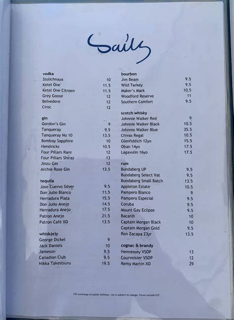 Menu at Sails Restaurant, Hamilton Island