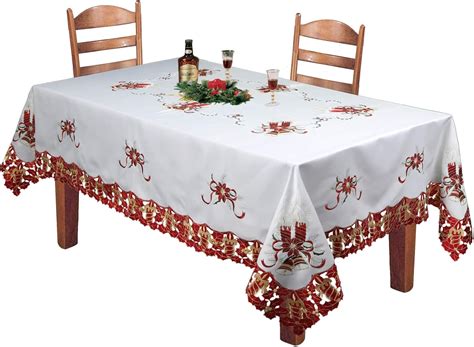 Creative Linens Holiday Christmas Tablecloth 70x120 With 12 Napkins Embroidered Red Poinsettia ...