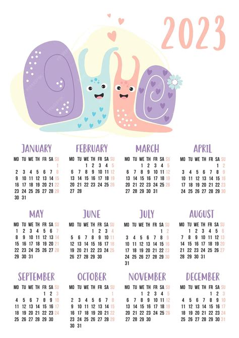 Premium Vector | Yearly calendar 2023 with happy couple cute snails in ...